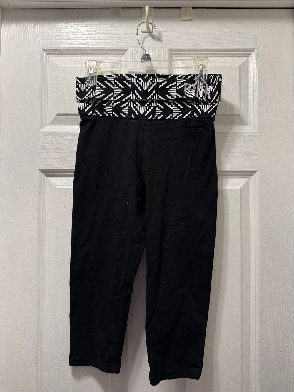 Victoria's Secret Black Capri Leggings with Black & White Geometric Waistband